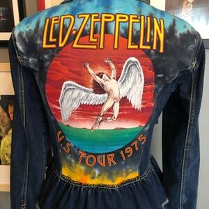 Led Zeppelin Up-Cycled Denim Jacket With Ruffled Peplum Women’s Size Small